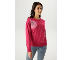 Strickpullover ANISTON SELECTED, Damen, Gr. 40, pink (fuchsia, rosa, pink, silber), Feinstrick, Obermaterial: 70% Viskose, 30% Polyamid, bestickt, geblümt, lässig geschnitten hüftbedeckend, Rundhals, 