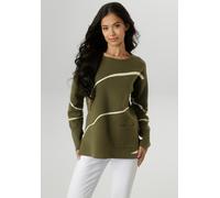 Strickpullover ANISTON SELECTED, Damen, Gr. 42, olivgrün, beige, Feinstrick, Obermaterial: 50% Viskose, 28% Polyester, 22% Polyamid, Jacquardmuster, gemustert, lässig geschnitten hüftbedeckend, Rundha