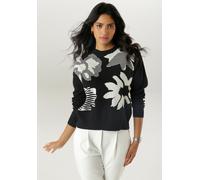Strickpullover ANISTON SELECTED, Damen, Gr. 42, schwarz-weiß (schwarz, weiß), Feinstrick, Obermaterial: 100% Baumwolle, Jacquardmuster, geblümt, lässig geschnitten hüftbedeckend, Rundhals, Rippstrickb