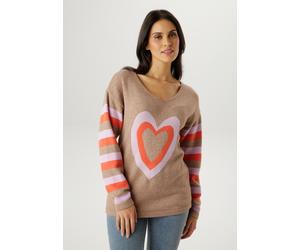 Strickpullover ANISTON SELECTED, Damen, Gr. 44, braunbeige, orange, rosa, Strick, Obermaterial: 50% Viskose, 26% Polyamid, 24% Polyester, gemustert, hüftbedeckend, V-Ausschnitt, Pullover Strickpullove