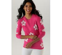 Strickpullover ANISTON SELECTED, Damen, Gr. 44, pink (pink, weiß), Strick, Obermaterial: 50% Viskose, 26% Polyamid, 24% Polyester, geblümt, figurumspielend hüftlang, Rundhals, Rippstrickbündchen, Pull