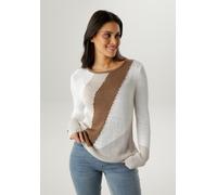 Strickpullover ANISTON SELECTED, Damen, Gr. 44, weiß, braun, beige, Strick, Obermaterial: 100% Polyacryl, colorblocking, gemustert, figurumspielend hüftlang, Rundhals, Flachstrickbündchen, Pullover St