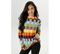 Strickpullover ANISTON SELECTED, Damen, Gr. 46, blau (gelb, türkis, marine, sanftes weiß, terra), Strick, Obermaterial: 100% Polyacryl, gemustert, kariert, lässig geschnitten hüftbedeckend, Rippstrick