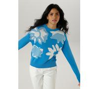 Strickpullover ANISTON SELECTED, Damen, Gr. 46, blau (hellblau, weiß), Feinstrick, Obermaterial: 100% Baumwolle, Jacquardmuster, lässig geschnitten hüftbedeckend, Rundhals, Rippstrickbündchen, Pullove