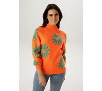 Strickpullover ANISTON SELECTED, Damen, Gr. 46, orange (orange, grün), Strick, Obermaterial: 100% Polyacryl, geblümt, gemustert, lässig geschnitten hüftlang, Rundhals, Raglanärmel Rippstrickbündchen, 