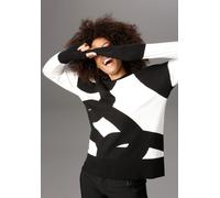 Strickpullover ANISTON SELECTED, Damen, Gr. 46, schwarz-weiß (schwarz, weiß), Feinstrick, Obermaterial: 50% Viskose, 26% Polyamid, 24% Polyester, gemustert, lässig geschnitten hüftbedeckend, Rundhals,