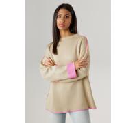 Strickpullover ANISTON SELECTED, Damen, Gr. 48, beige (beige, rosa), Feinstrick, Obermaterial: 100% Polyacryl, unifarben mit Farbeinsätzen, oversize hüftbedeckend, U-Boot-Ausschnitt, Umschlagsaum kont