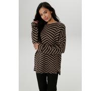 Strickpullover ANISTON SELECTED, Damen, Gr. 48, blau (marine, camel), Feinstrick, Obermaterial: 67% Polyacryl, 30% Polyester, 3% Elasthan, Jacquardmuster, gemustert, lässig geschnitten hüftbedeckend,