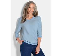 Rundhalspullover GOLDNER "Halbarm Ringelpullover aus Baumwolle", Damen, Gr. 46, blau (rauchblau, gemustert), Obermaterial: 100% Baumwolle CO., Modisch, Pullover Rundhalspullover, Rundhalsausschnitt (2