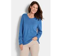 Rundhalspullover GOLDNER "Kurzgröße Edler Feinstrickpullover, V-Ausschnitt", Damen, Gr. 21, blau, Obermaterial: 60% Viskose CV. 40% Baumwolle CO., Pullover Rundhalspullover, Rund-V-Ausschnitt (8687254
