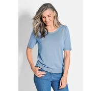 Strickpullover GOLDNER "Klassisches Merinowollshirt, Rundhals", Damen, Gr. 50, blau (türkis), Obermaterial: 100% Schurwolle WV., Basic, normal, Rippe, Pullover Strickpullover, Rippenbündchen (34125124