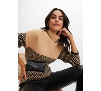 Strickpullover BONPRIX, Damen, Gr. 36/38 (S), beige (latte macchiato, schwarz gestreift), Strick, Obermaterial: 75% Polyacryl, 22% Polyester, 3% Elasthan, Fischgratmuster, gemustert, mehrfarbig, festl