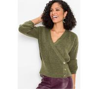Strickpullover BONPRIX, Damen, Gr. 36/38 (S), grün (oliv meliert), Strick, Obermaterial: 76% Polyacryl, 24% Polyester, meliert, unifarben, oversize hüftlang, V-Ausschnitt, Strickkante, Pullover Strick