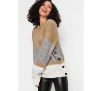Strickpullover BONPRIX, Damen, Gr. 40/42 (M), beige (beige, hellgrau meliert, weiß), Obermaterial: 76% Polyacryl, 24% Polyester, mehrfarbig, oversize, Rundhals, breiter Bund, Pullover Strickpullover,