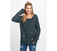 Strickpullover BONPRIX, Damen, Gr. 40/42 (M), grau (anthrazit bedruckt), Strick, Obermaterial: 50% Baumwolle, 50% Polyacryl, bestickt, unifarben, loose fit Po-bedeckend, Rundhals, Raglanärmel Strickka