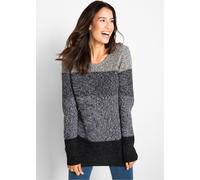 Strickpullover BONPRIX, Damen, Gr. 40/42 (M), grau (anthrazit meliert gestreift), Strick, Obermaterial: 50% Baumwolle, 50% Polyacryl, gestreift, mehrfarbig, meliert, eng normal, Rundhals, Rippbündchen