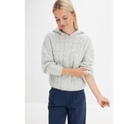 Strickpullover BONPRIX, Damen, Gr. 40/42 (M), grau (hellgrau meliert), Strick, Obermaterial: 56% Polyester, 31% Polyacryl, 7% Polyamid, 6% Wolle, Zopfmuster, meliert, unifarben, oversize taillenbedeck