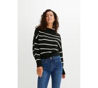 Strickpullover BONPRIX, Damen, Gr. 40/42 (M), schwarz (schwarz, wollweiß gestreift), Strick, Obermaterial: 65% Polyacryl, 35% Polyester, oversize hüftlang, Rundhals, weit Strickbündchen, Pullover Stri