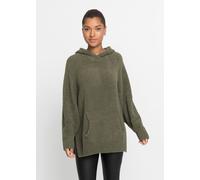 Strickpullover BONPRIX, Damen, Gr. 44/46 (L), grün (dunkeloliv), Obermaterial: 100% Polyester, oversize, Pullover Strickpullover, aus Polyester, mit Kapuze, mit Teddy-Fleece, Oversize Passform (515897