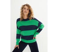 Strickpullover BONPRIX, Damen, Gr. 44/46 (L), grün (grasgrün, dunkelblau gestreift), Strick, Obermaterial: 92% Viskose, 8% Polyamid, gestreift, oversize normal, Rundhals, Rippbündchen, Pullover Strick