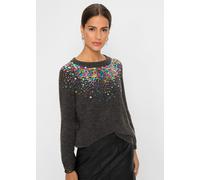 Strickpullover BONPRIX, Damen, Gr. 48/50 (XL), grau (anthrazit meliert), Feinstrick, Obermaterial: 69% Polyacryl, 27% Polyester, 4% Elasthan, bestickt, unifarben, loose fit hüftbedeckend, Rundhals, Ra