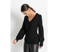 Strickpullover BONPRIX "Feinstrickpullover aus Viskose-Mix", Damen, Gr. 32/34 (XS), schwarz, Feinstrick, Obermaterial: 70% Viskose, 30% Polyamid, unifarben, bequem hüftbedeckend, V-Ausschnitt, weit ex