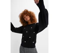 Strickpullover BONPRIX "Feinstrickpullover aus Viskose-Mix", Damen, Gr. 44/46 (L), schwarz, Feinstrick, Obermaterial: 50% Viskose, 26% Polyamid, 24% Polyester, bestickt, unifarben, bequem hüftlang, Ru