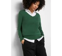 Strickpullover BONPRIX "Feinstrickpullover", Damen, Gr. 40/42 (M), grün (dunkelgrün), Strick, Obermaterial: 70% Baumwolle, 30% Polyamid, unifarben, schmal normal, V-Ausschnitt, Rippbündchen, Pullover