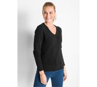 Strickpullover BONPRIX "Feinstrickpullover", Damen, Gr. 44/46 (L), schwarz, Strick, Obermaterial: 70% Baumwolle, 30% Polyamid, unifarben, schmal normal, V-Ausschnitt, Rippbündchen, Pullover Strickpull