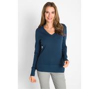 Strickpullover BONPRIX "Feinstrickpullover", Damen, Gr. 48/50 (XL), dunkelblau, Strick, Obermaterial: 70% Baumwolle, 30% Polyamid, unifarben, schmal hüftlang, V-Ausschnitt, Rippbündchen, Pullover Stri