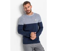 Strickpullover BONPRIX "Feinstrickpullover im Colourblocking mit Baumwolle", Herren, Gr. 48/50 (M), blau (indigo meliert, dunkelblau), Feinstrick, Obermaterial: 50% Baumwolle, 50% Polyacryl, regular f