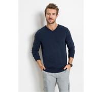 Strickpullover BONPRIX "Feinstrickpullover in Regular Fit", Herren, Gr. 52/54 (L), blau (dunkelblau), Strick, Obermaterial: 70% Baumwolle, 30% Polyamid, unifarben, regular fit hüftlang, V-Ausschnitt, 