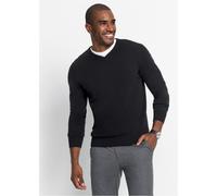 Strickpullover BONPRIX "Feinstrickpullover in Regular Fit", Herren, Gr. 52/54 (L), schwarz, Strick, Obermaterial: 70% Baumwolle, 30% Polyamid, unifarben, regular fit hüftlang, V-Ausschnitt, Strickbünd