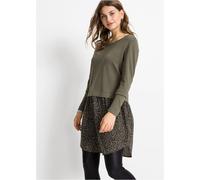 Strickpullover BONPRIX "Feinstrickpullover mit Rockansatz", Damen, Gr. 32/34 (XS), grün (oliv geblümt), Obermaterial: 70% Viskose, 30% Polyamid. Einsatz: 100% Polyester, mehrfarbig, bequem, Rundhals,