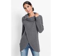 Strickpullover BONPRIX "Grobstrick-Pullover", Damen, Gr. 32/34 (XS), grau (dunkelgrau meliert), Grobstrick, Obermaterial: 100% Polyacryl, Strukturmuster, meliert, unifarben, loose fit Po-bedeckend, Ru