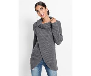 Strickpullover BONPRIX "Grobstrick-Pullover", Damen, Gr. 32/34 (XS), grau (dunkelgrau meliert), Obermaterial: 100% Polyacryl, loose fit, Pullover Strickpullover, aus Polyacryl, mit Rollkragen, für sti