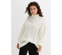 Strickpullover BONPRIX "Grobstrick-Pullover", Damen, Gr. 44/46 (L), weiß (wollweiß), Grobstrick, Obermaterial: 56% Polyester, 31% Polyacryl, 7% Polyamid, 6% Wolle, unifarben, oversize Po-bedeckend, ho