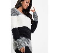 Strickpullover BONPRIX "Grobstrick-Pullover", Damen, Gr. 48/50 (XL), schwarz (schwarz, weiß gestreift), Strick, Obermaterial: 60% Polyacryl, 40% Polyamid, gestreift, bequem Po-bedeckend, Rundhals, Str