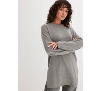 Strickpullover BONPRIX "Long-Feinstrickpullover mit Seitenschlitzen aus Viskose-Mix", Damen, Gr. 44/46 (L), grau (grau meliert meliert), Strick, Obermaterial: 50% Viskose, 26% Polyamid, 24% Polyester,