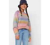 Strickpullover BONPRIX, Mädchen, Gr. 128/134, rosa (rosa, blau geringelt), Strick, Obermaterial: 100% Polyacryl, gestreift, meliert, Basic, regular fit hüftlang, Rundhals, Raglanärmel Strickbündchen,