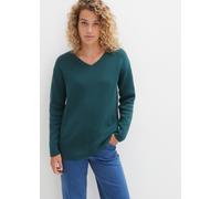 Strickpullover BONPRIX "Milano Rib Pullover mit V-Ausschnitt", Damen, Gr. 36/38 (S), blau (pfeffergrün), Milano Rib;Strick, Obermaterial: 50% Baumwolle, 50% Polyacryl, unifarben, bequem hüftbedeckend,