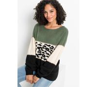 Strickpullover BONPRIX "Oversize-Pullover", Damen, Gr. 36/38 (S), schwarz (schwarz, hellgrün, creme leo bedruckt), Strick, Obermaterial: 75% Polyacryl, 22% Polyester, 3% Elasthan, gemustert, oversize