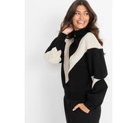 Strickpullover BONPRIX "Oversize-Pullover", Damen, Gr. 44/46 (L), schwarz (schwarz, kieselbeige graphisch), Obermaterial: 50% Viskose, 28% Polyester, 22% Polyamid, bequem, Pullover Strickpullover, aus