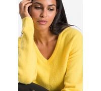 Strickpullover BONPRIX "Oversize-Strick-Pullover", Damen, Gr. 44/46 (L), gelb (maisgelb), Strick, Obermaterial: 75% Polyacryl, 22% Polyester, 3% Elasthan, unifarben, oversize hüftbedeckend, V-Ausschni