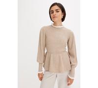 Strickpullover BONPRIX "Pullover", Damen, Gr. 32/34 (XS), beige (beige meliert), Strick, Obermaterial: 97% Polyester, 3% Elasthan, unifarben mit Farbeinsatz, bequem hüftbedeckend, Rundhals, weit extra