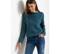 Strickpullover BONPRIX "Pullover mit Knöpfen", Damen, Gr. 40/42 (M), blau (blaupetrol meliert), Strick, Obermaterial: 100% Polyester, meliert, unifarben, oversize hüftbedeckend, U-Boot-Ausschnitt, Str