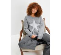 Strickpullover BONPRIX "Pullover mit Stern", Damen, Gr. 44/46 (L), grau (grau meliert), Obermaterial: 53% Polyacryl, 22% Polyester, 15% Polyamid, 7% Wolle, 3% metallisierte Fasern, oversize, Pullover 