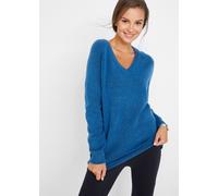 Strickpullover BONPRIX "Strickpullover mit V-Ausschnitt, Oversized Fit", Damen, Gr. 40/42 (M), blau (polarblau), Strick, Obermaterial: 67% Polyacryl, 30% Polyester, 3% Elasthan, unifarben, bequem norm