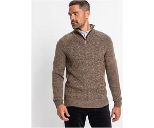Strickpullover BONPRIX "Troyer-Pullover mit Wolle", Herren, Gr. 68/70 (4XL), braun (braun meliert), Obermaterial: 90% Polyacryl, 10% Wolle, meliert, regular fit, Pullover Strickpullover, aus Wollmisch