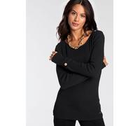 Strickpullover BRUNO BANANI, Damen, Gr. 42, schwarz, Rippstrick, Obermaterial: 70% Viskose, 30% Polyamid, clean, unifarben, figurbetont hüftbedeckend, Rundhals, mit Aufschlag,mit Knopf, Pullover Stric